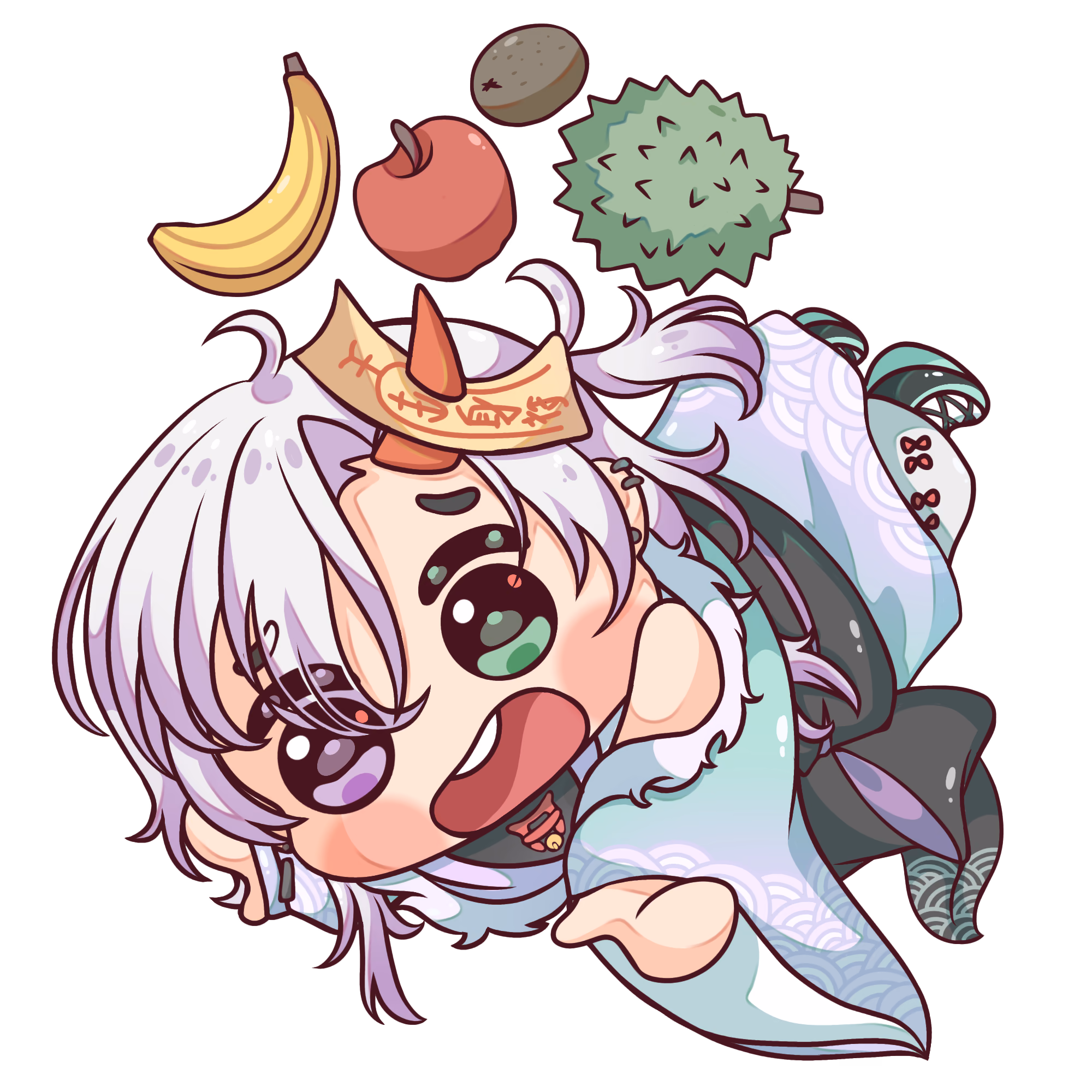Chibi Mikira knocked over by falling fruit
